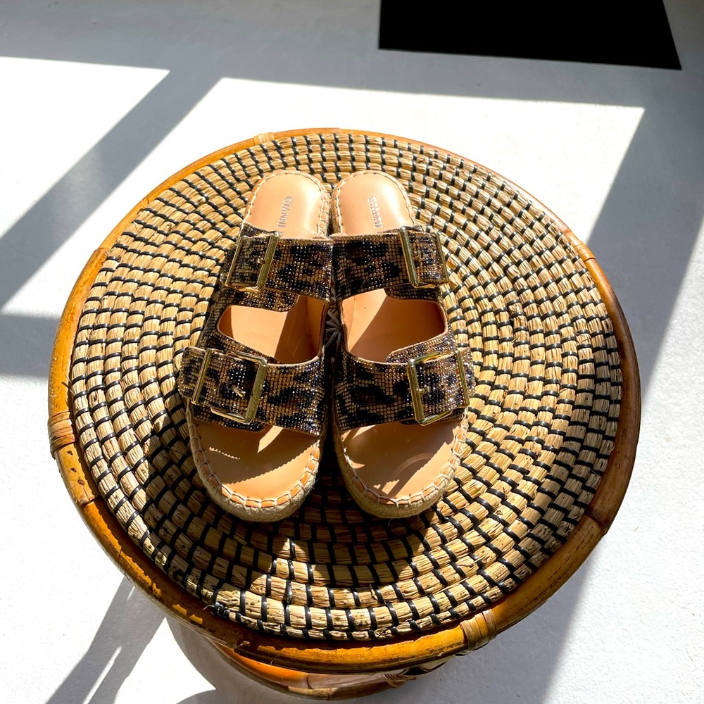 Gianni Bini Tan Brown Snake-Print Double Buckle Slide Sandals